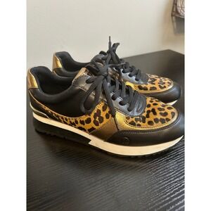 Michael Kors Women's Black Leopard Gold Accent Low Top Sneakers Size 8.5
